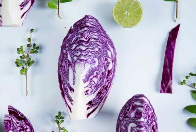 Rotkohl und Kräuter auf weißem Hintergrund