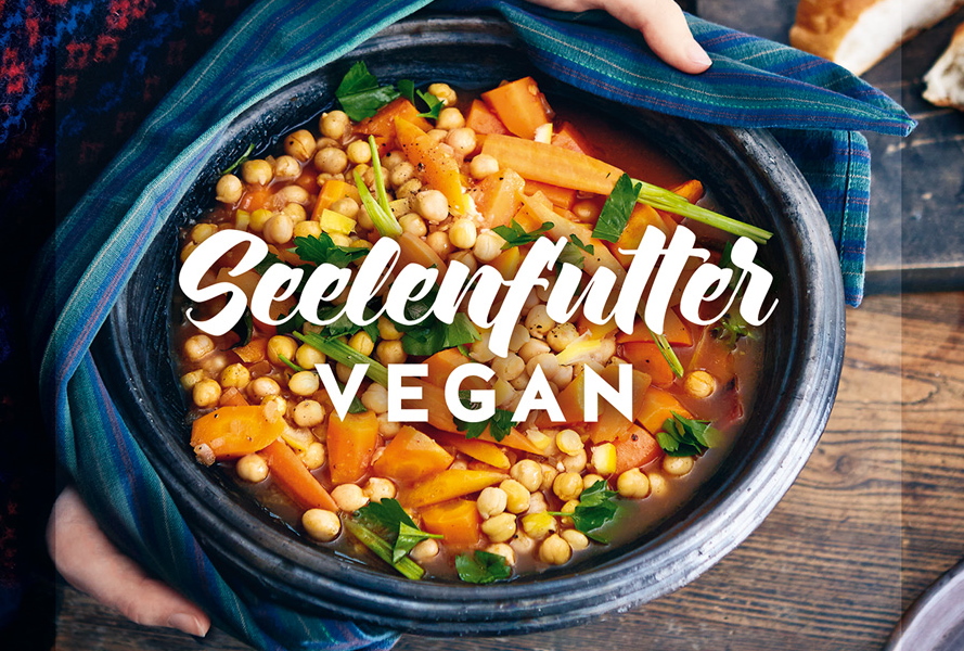 Eintopf mit Aufschrift Seelenfutter Vegan