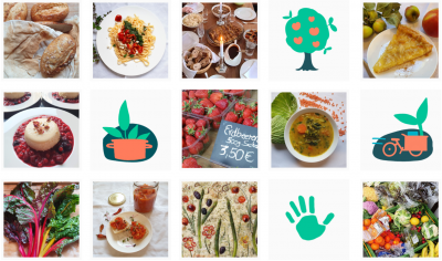 Collage mit Fotos verschiedener Gerichte und grafischen Symbolen zum Thema Ernährung.