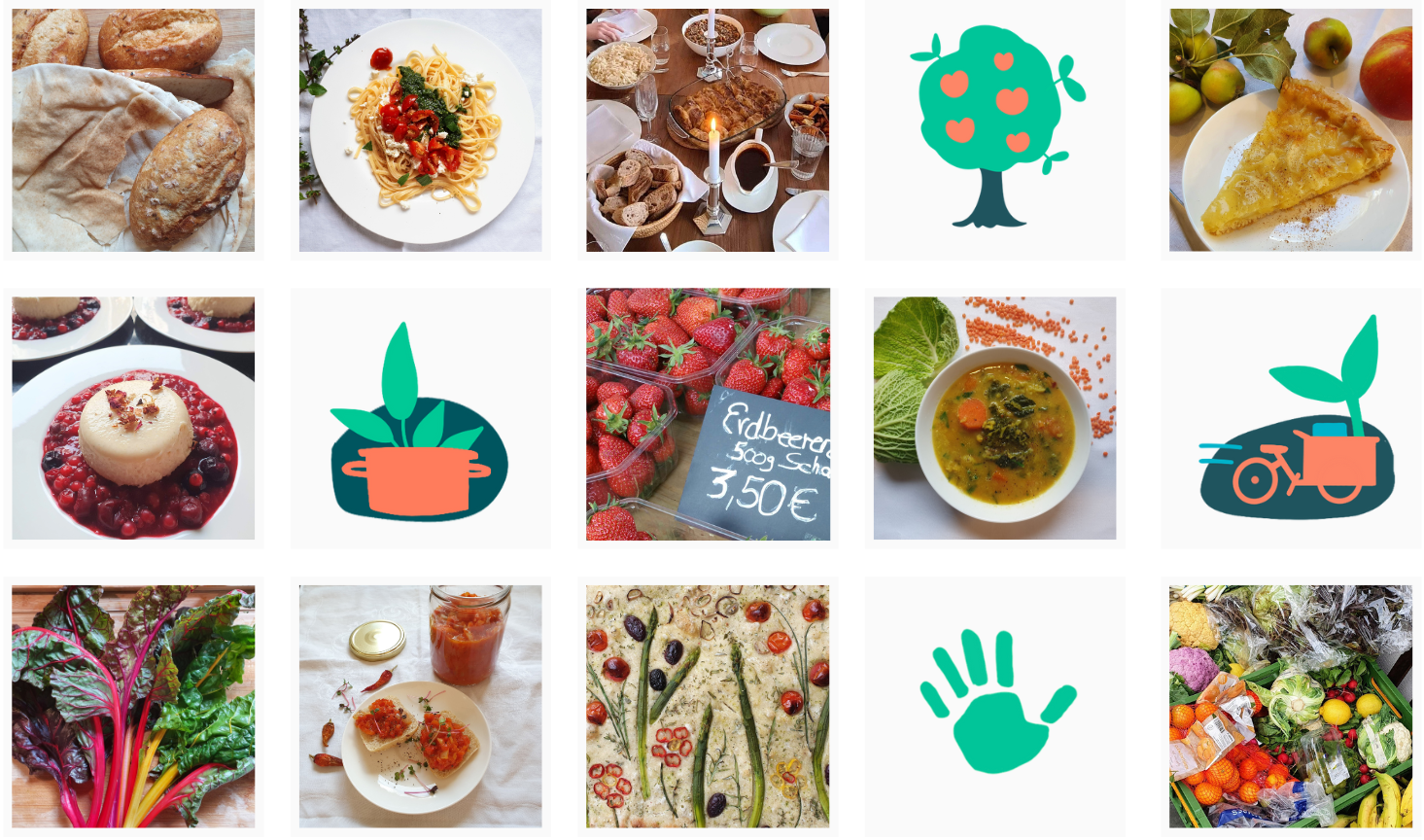 Collage mit Fotos verschiedener Gerichte und grafischen Symbolen zum Thema Ernährung.
